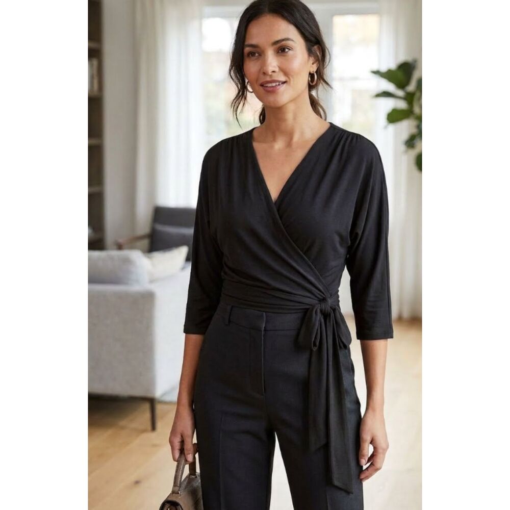 Talbots Wrap Tie Waist Top 3/4 Sleeve Black Women's Size Medium Petite